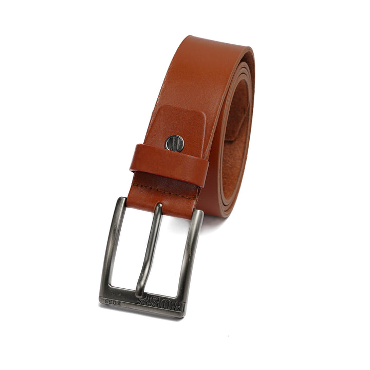 Men’s brown genuine leather belt with BOSS engraved metal buckle – Koka